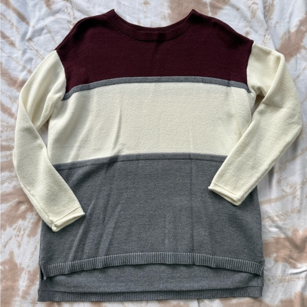Colorblock Crewneck Sweater - Burgundy, Cream & Gray